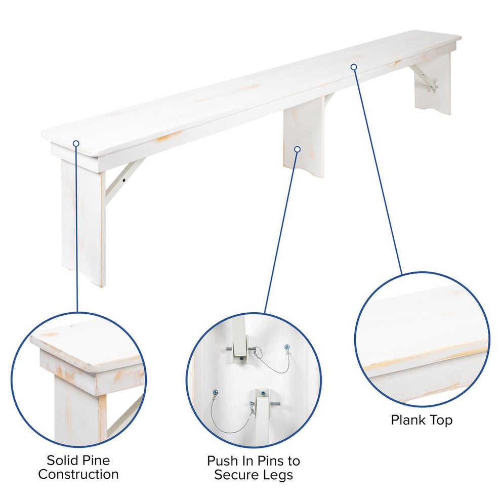 Hercules Series 8' X 12" Antique Rustic Solid White Pine Folding Farm Bench With 3 Legs By Flash Furniture | Benches | Modishstore - 3