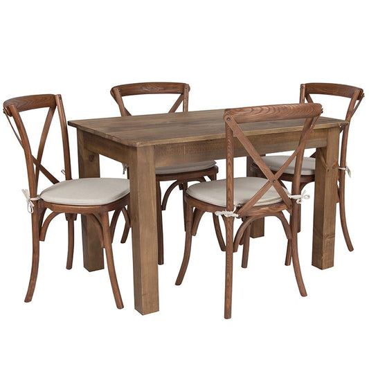 46" X 30" Antique Rustic Farm Table Set With 4 Cross Back Chairs And Cushions By Flash Furniture | Outdoor Dining Sets | Modishstore - 1