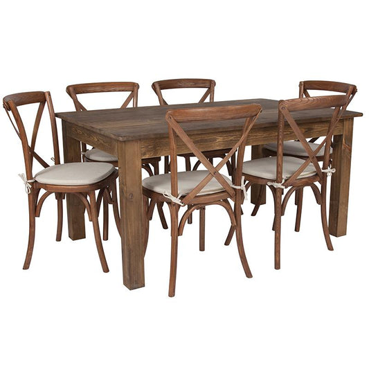 60" X 38" Antique Rustic Farm Table Set With 6 Cross Back Chairs And Cushions By Flash Furniture | Outdoor Dining Sets | Modishstore