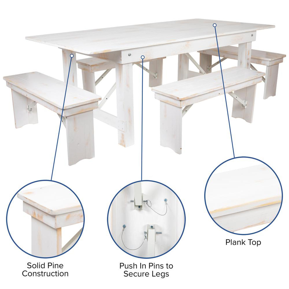 Hercules Series 7' X 40" Antique Rustic White Folding Farm Table And Four Bench Set By Flash Furniture | Dining Sets | Modishstore - 3