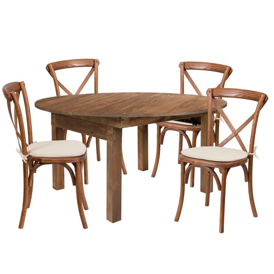 Hercules Series 60" Round Solid Pine Folding Farm Dining Table Set With 4 Cross Back Chairs And Cushions By Flash Furniture | Dining Sets | Modishstore
