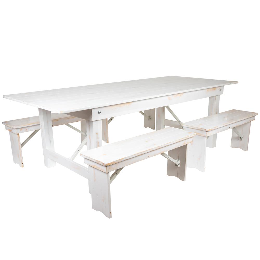 Hercules Series 8' X 40" Antique Rustic White Folding Farm Table And Four 40.25"L Bench Set By Flash Furniture | Dining Sets | Modishstore - 2