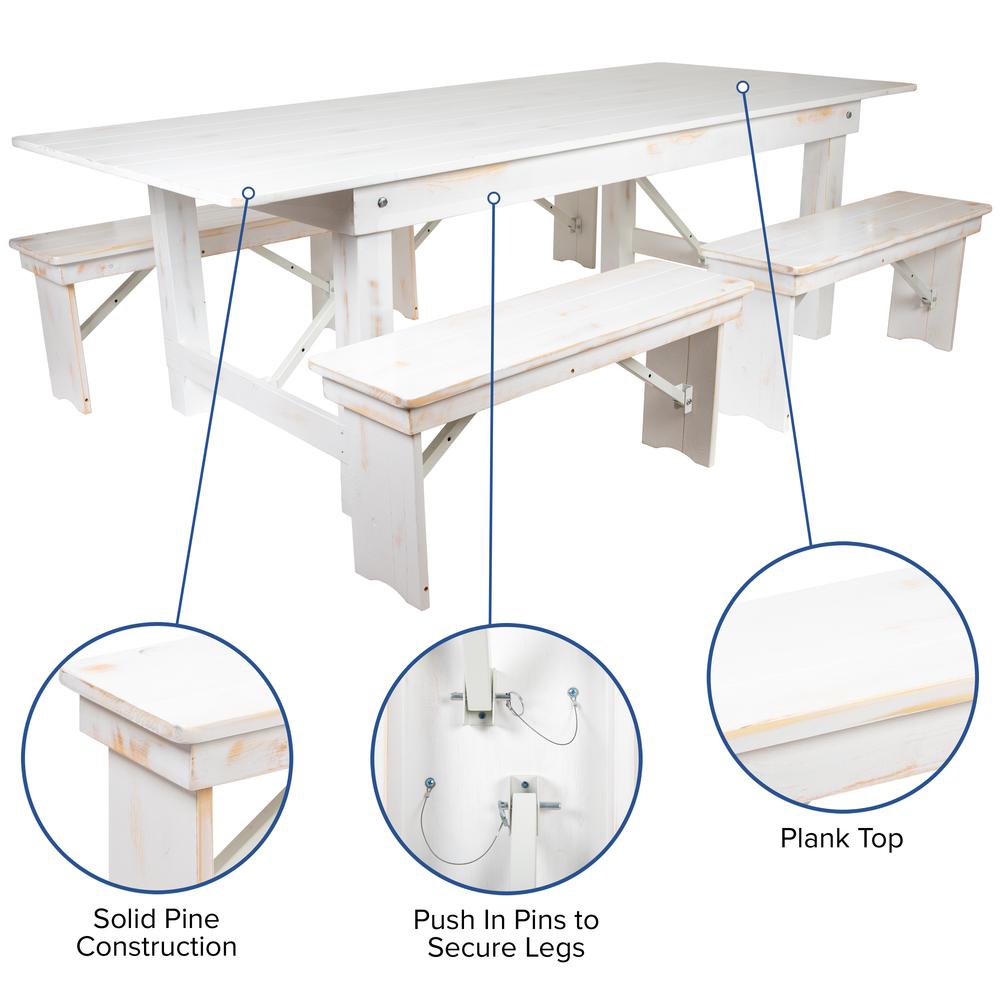 Hercules Series 8' X 40" Antique Rustic White Folding Farm Table And Four 40.25"L Bench Set By Flash Furniture | Dining Sets | Modishstore - 3