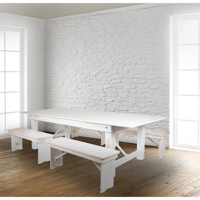 Hercules Series 8' X 40" Antique Rustic White Folding Farm Table And Four 40.25"L Bench Set By Flash Furniture | Dining Sets | Modishstore