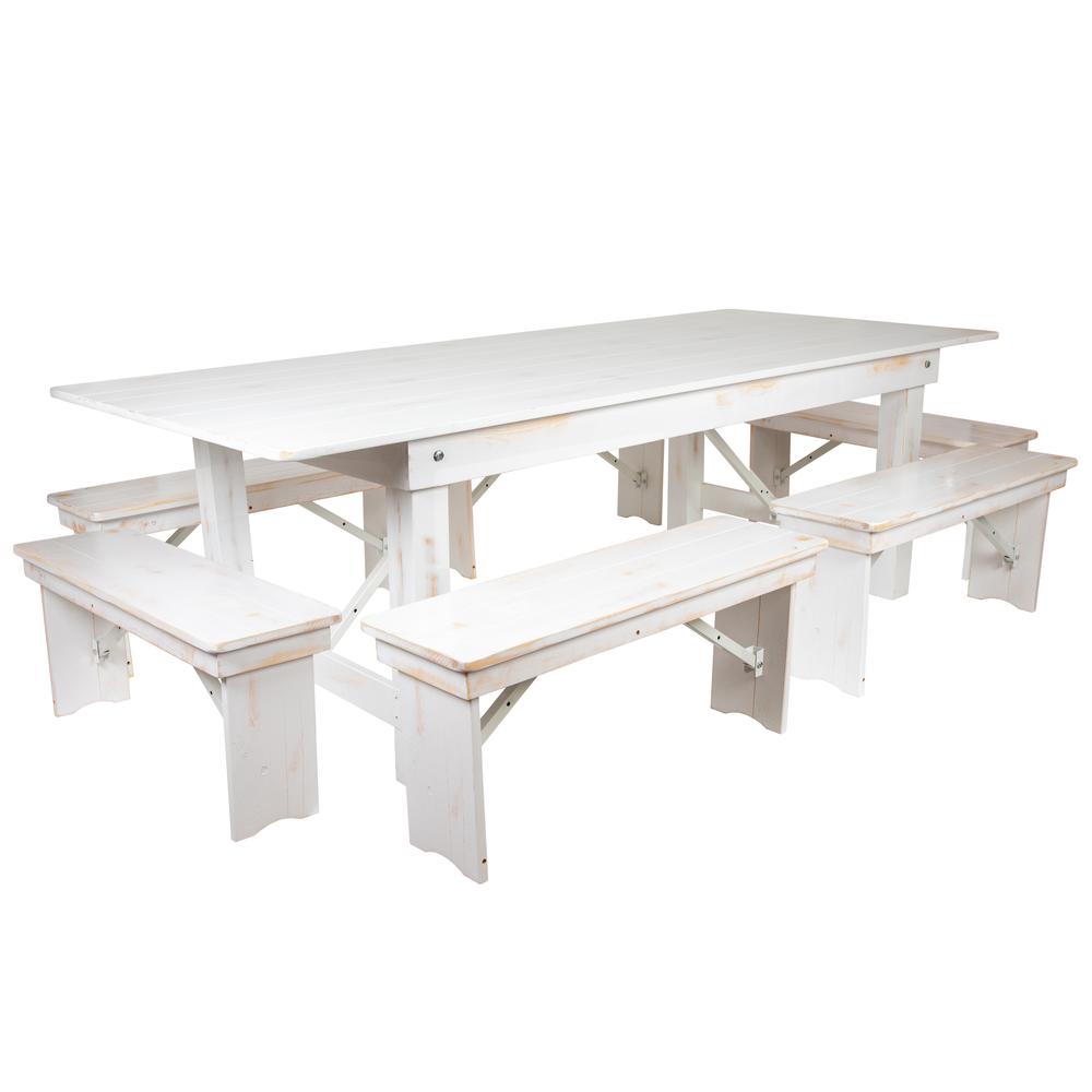 Hercules Series 8' X 40" Antique Rustic White Folding Farm Table And Six Bench Set By Flash Furniture | Dining Sets | Modishstore - 2