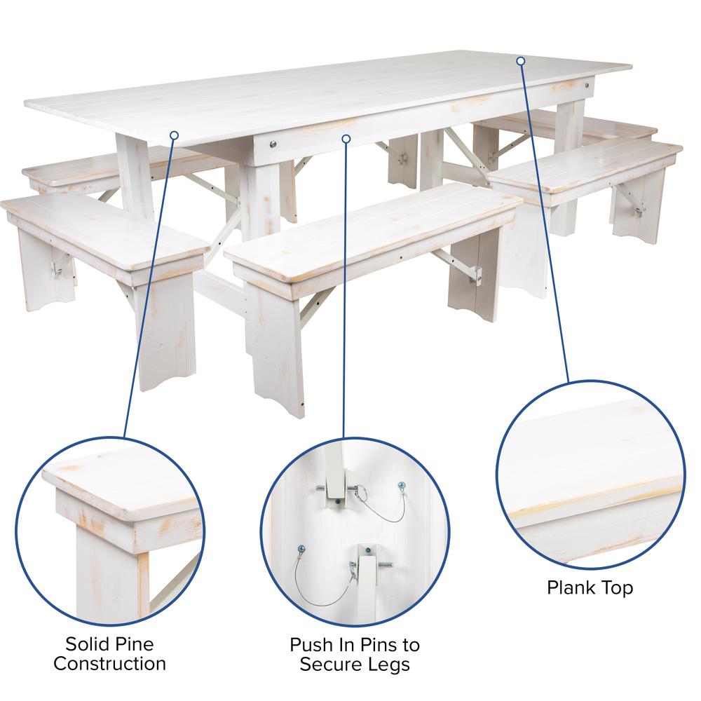 Hercules Series 8' X 40" Antique Rustic White Folding Farm Table And Six Bench Set By Flash Furniture | Dining Sets | Modishstore - 3