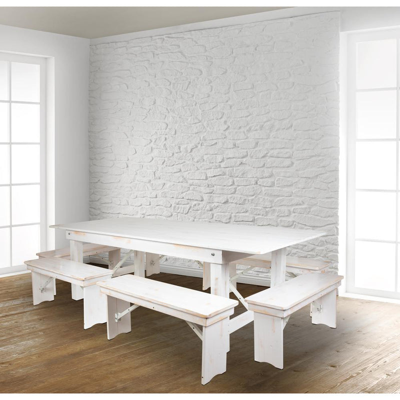 Hercules Series 8' X 40" Antique Rustic White Folding Farm Table And Six Bench Set By Flash Furniture | Dining Sets | Modishstore