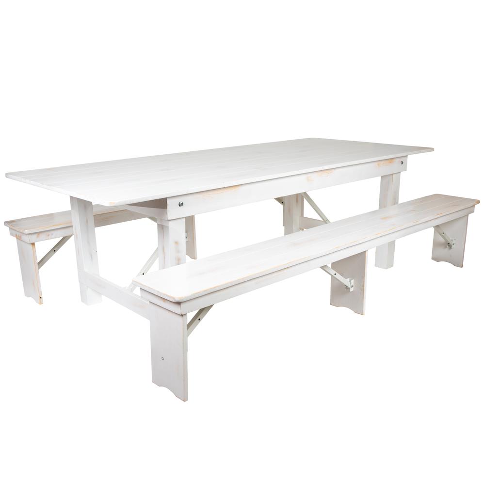 Hercules Series 8' X 40" Antique Rustic White Folding Farm Table And Two Bench Set By Flash Furniture | Dining Sets | Modishstore - 2