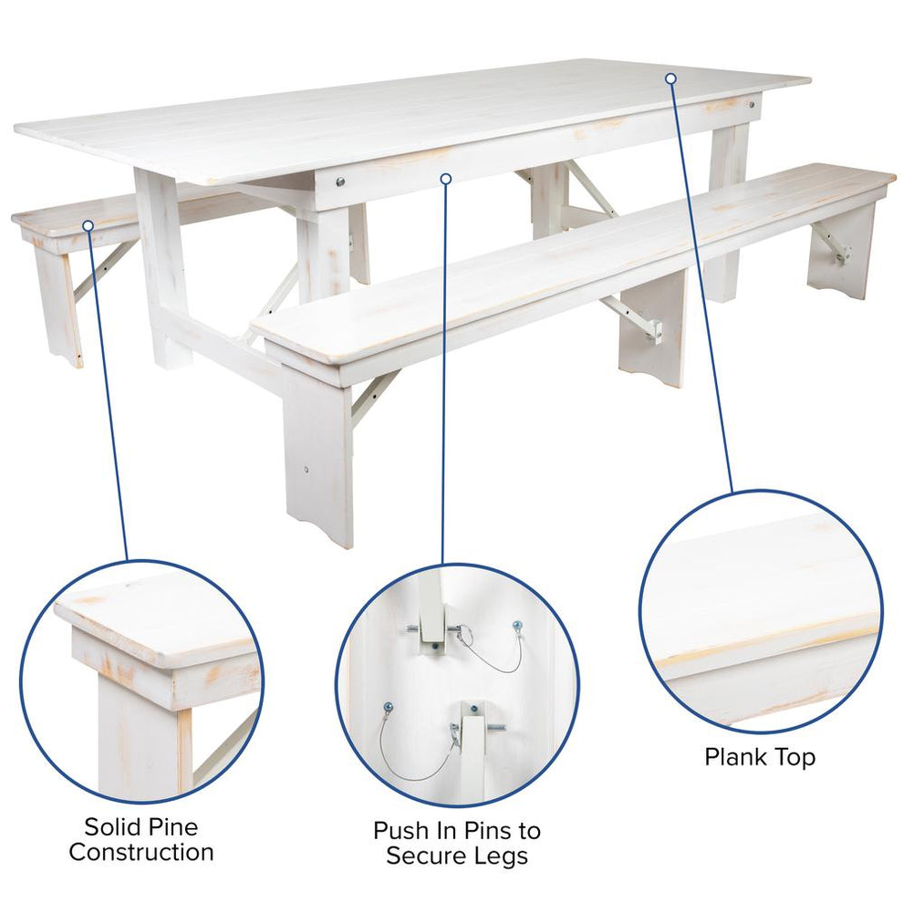 Hercules Series 8' X 40" Antique Rustic White Folding Farm Table And Two Bench Set By Flash Furniture | Dining Sets | Modishstore - 3