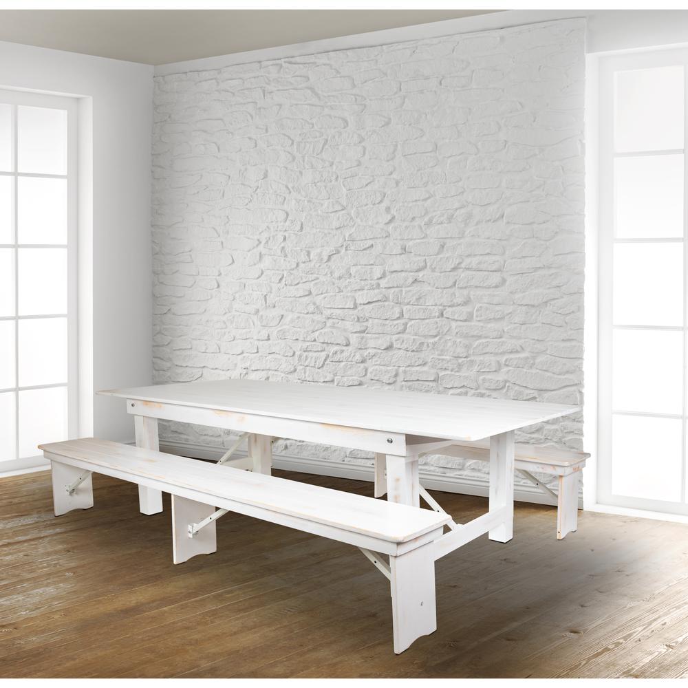 Hercules Series 8' X 40" Antique Rustic White Folding Farm Table And Two Bench Set By Flash Furniture | Dining Sets | Modishstore - 1