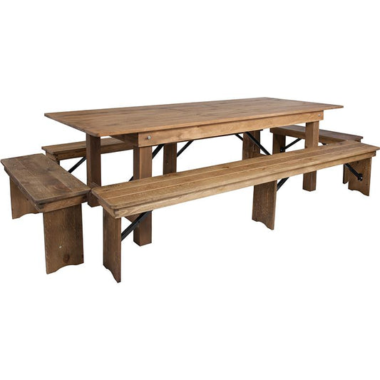 Hercules Series 8' X 40'' Antique Rustic Folding Farm Table And Four Bench Set By Flash Furniture | Outdoor Dining Sets | Modishstore