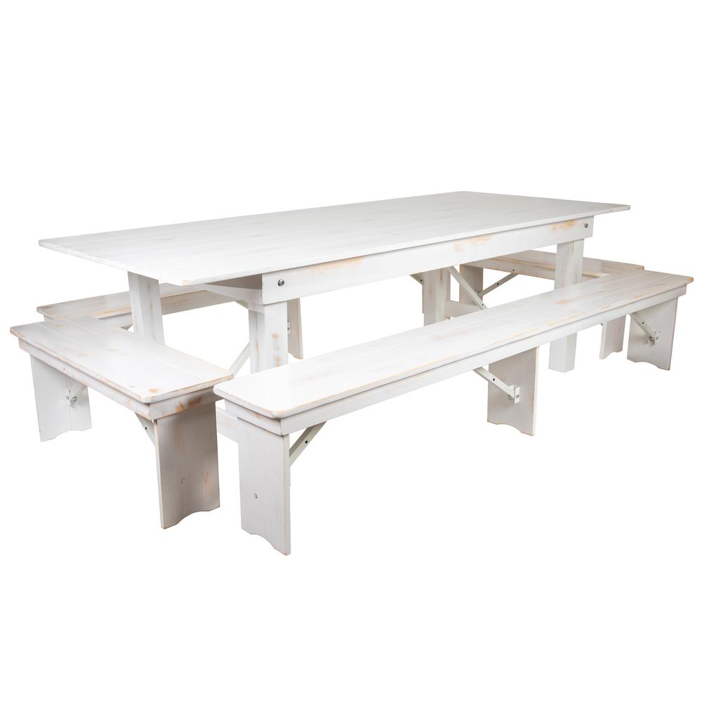 Hercules Series 8' X 40" Antique Rustic White Folding Farm Table And Four Bench Set By Flash Furniture | Dining Sets | Modishstore - 2