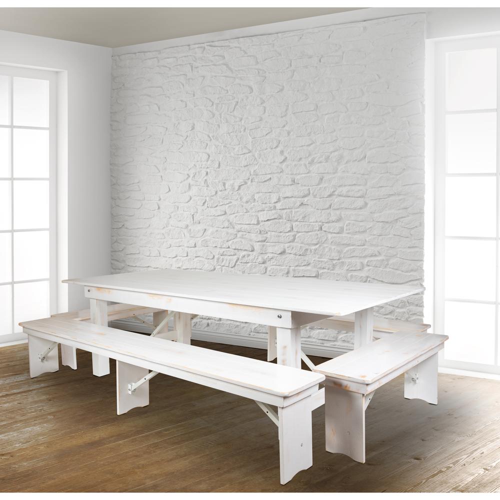 Hercules Series 8' X 40" Antique Rustic White Folding Farm Table And Four Bench Set By Flash Furniture | Dining Sets | Modishstore