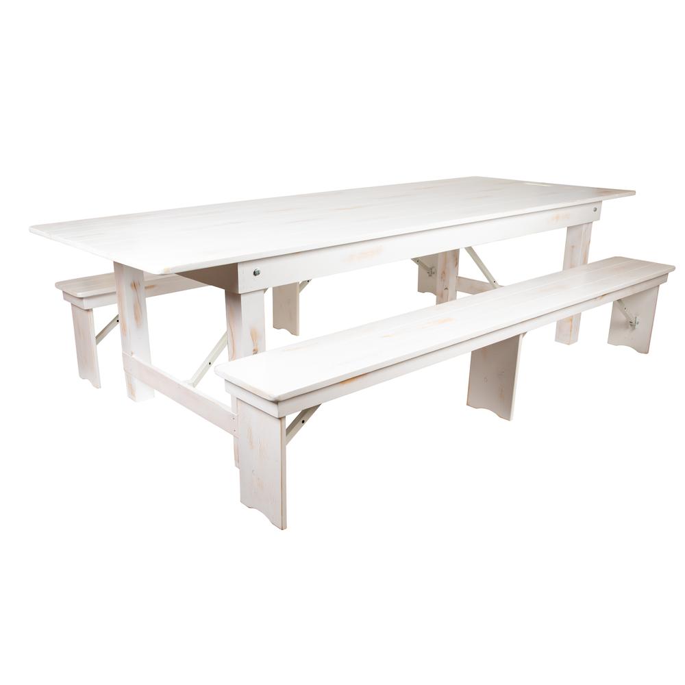 Hercules Series 9' X 40" Antique Rustic White Folding Farm Table And Two Bench Set By Flash Furniture | Dining Sets | Modishstore - 2