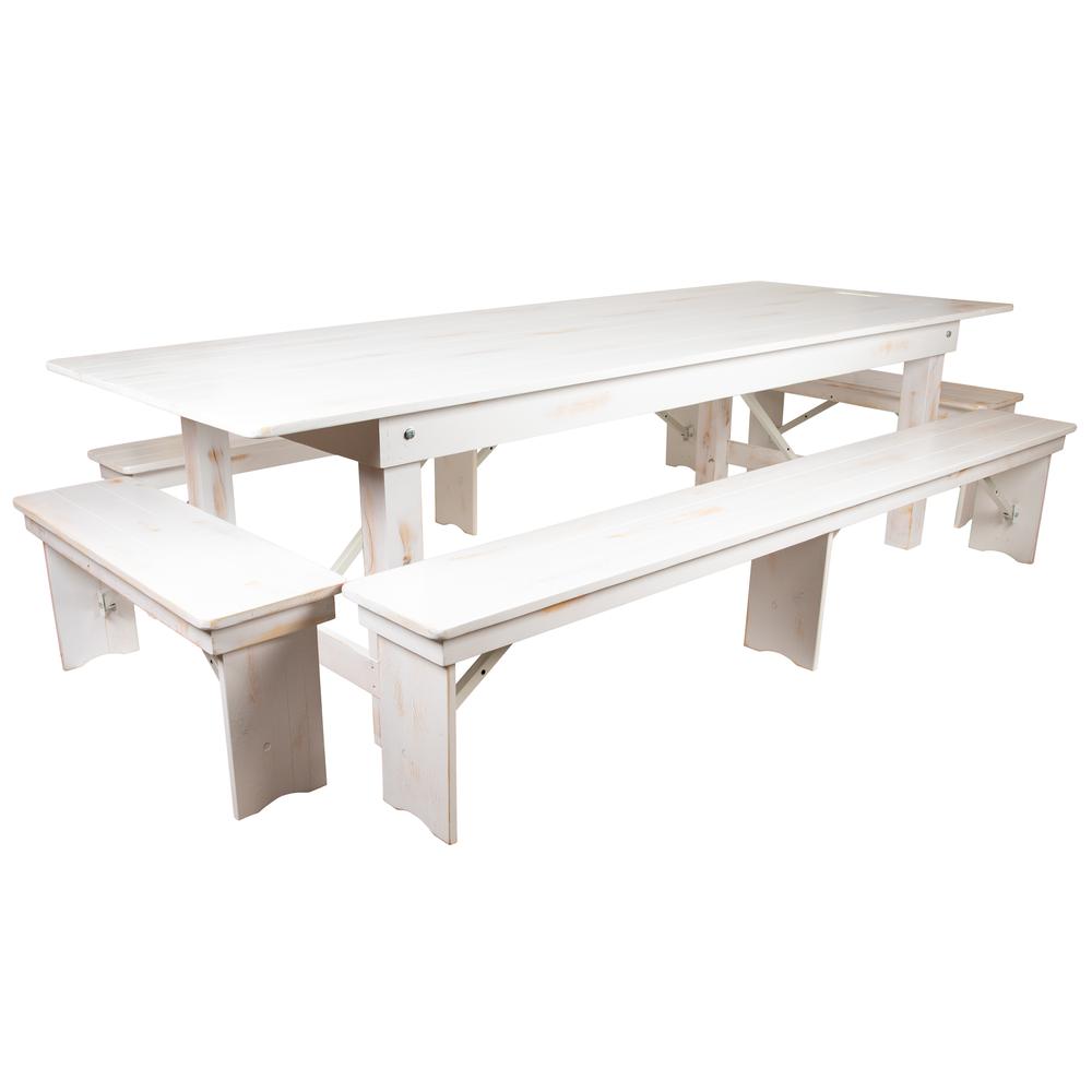 Hercules Series 9' X 40" Antique Rustic White Folding Farm Table And Four Bench Set By Flash Furniture | Dining Sets | Modishstore - 2