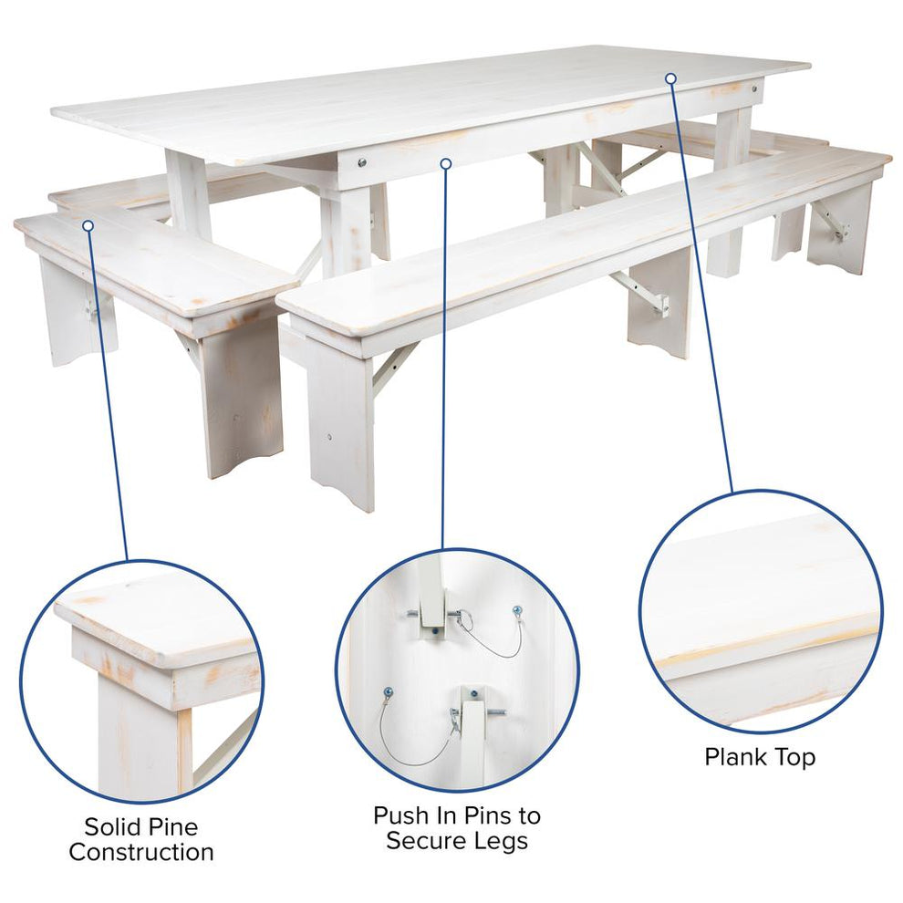 Hercules Series 9' X 40" Antique Rustic White Folding Farm Table And Four Bench Set By Flash Furniture | Dining Sets | Modishstore - 3