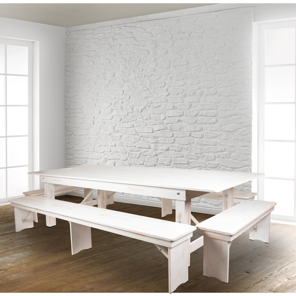Hercules Series 9' X 40" Antique Rustic White Folding Farm Table And Four Bench Set By Flash Furniture | Dining Sets | Modishstore - 1