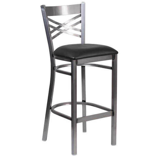 Hercules Series Clear Coated ''X'' Back Metal Restaurant Barstool - Black Vinyl Seat By Flash Furniture | Bar Stools | Modishstore - 1