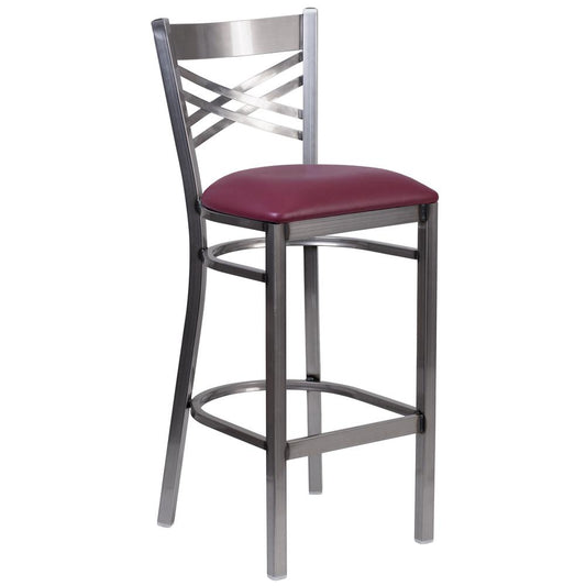 Hercules Series Clear Coated ''X'' Back Metal Restaurant Barstool - Burgundy Vinyl Seat By Flash Furniture | Bar Stools | Modishstore - 1