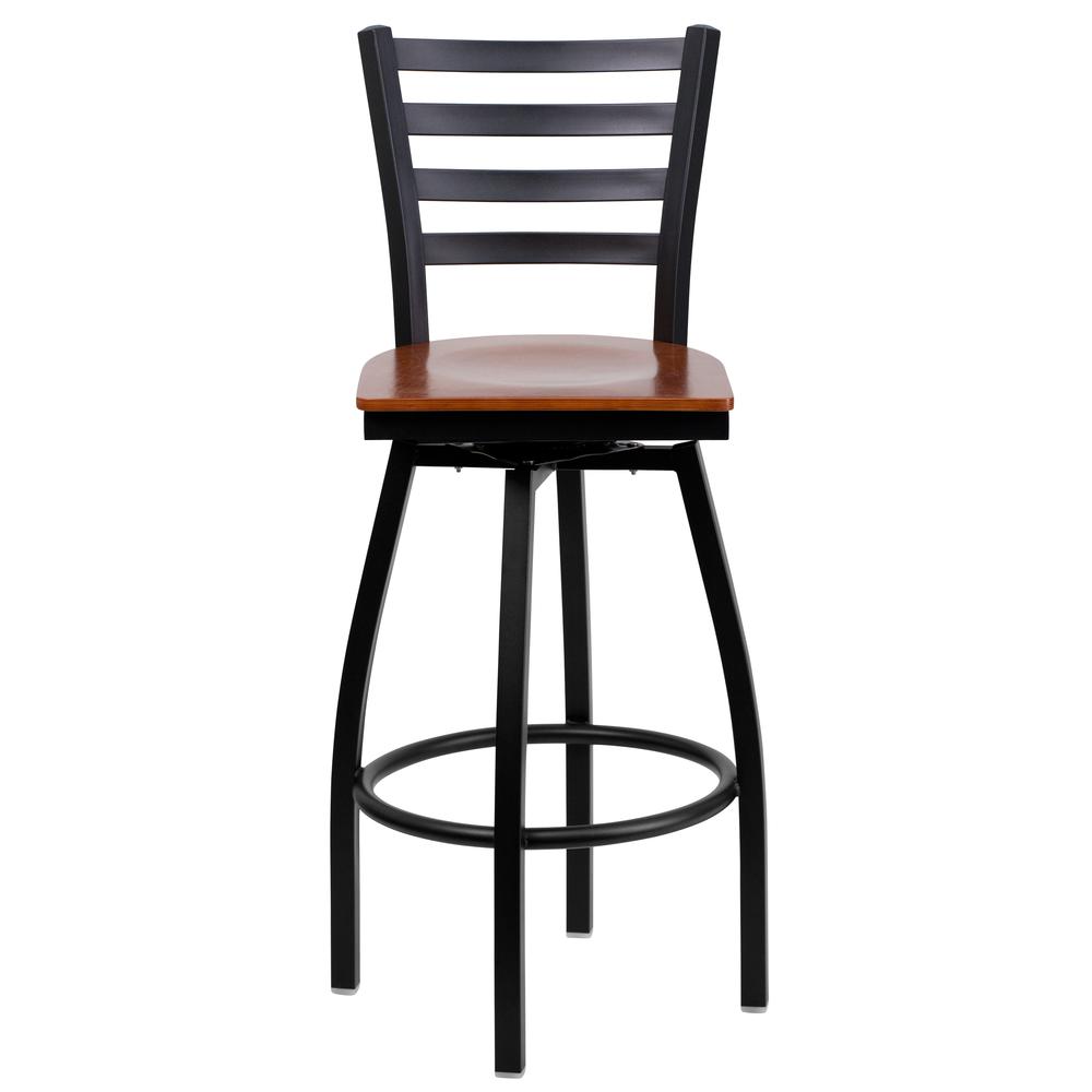 Hercules Series Black Ladder Back Swivel Metal Barstool - Cherry Wood Seat By Flash Furniture | Bar Stools | Modishstore - 4