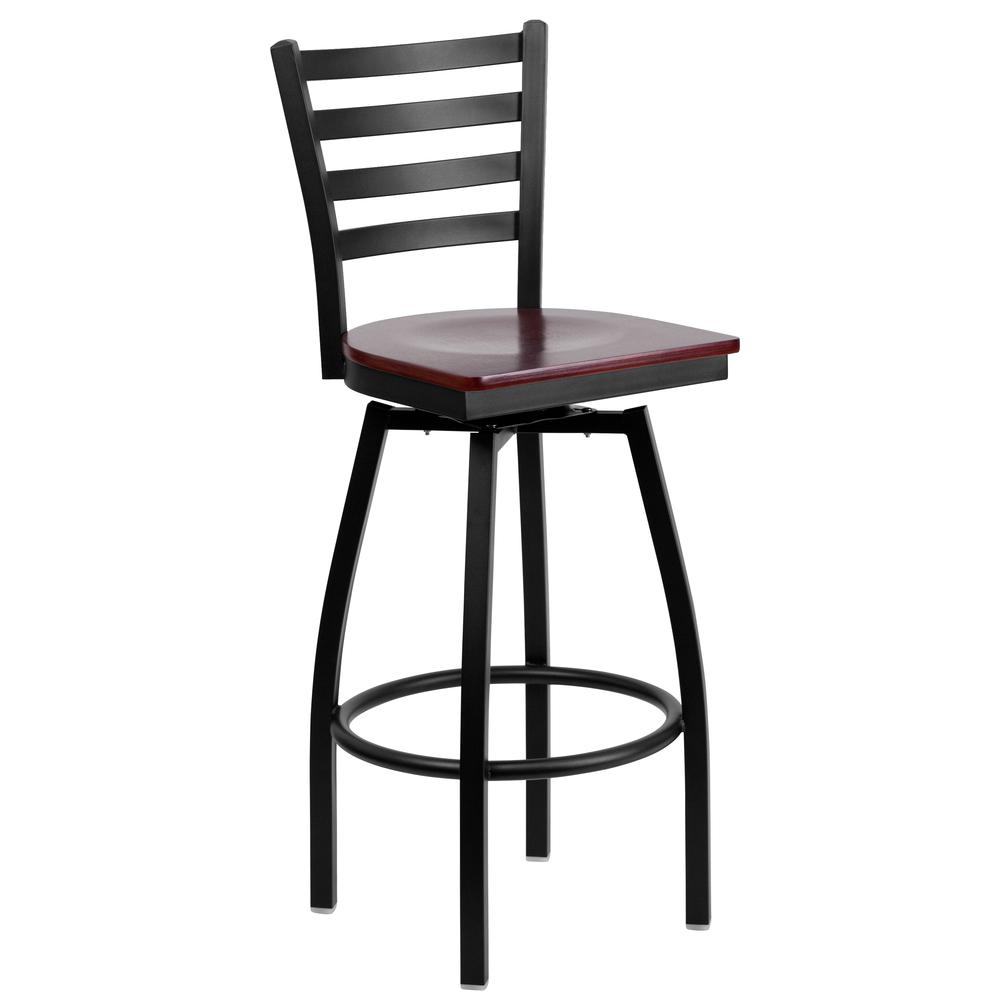 Hercules Series Black Ladder Back Swivel Metal Barstool - Mahogany Wood Seat By Flash Furniture | Bar Stools | Modishstore - 1