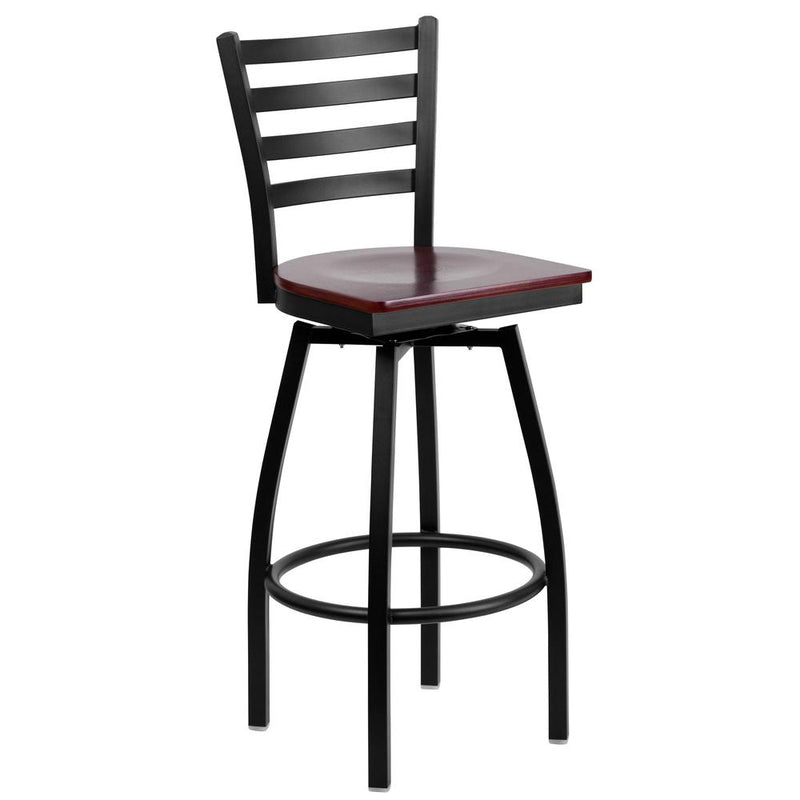 Hercules Series Black Ladder Back Swivel Metal Barstool - Mahogany Wood Seat By Flash Furniture | Bar Stools | Modishstore - 1