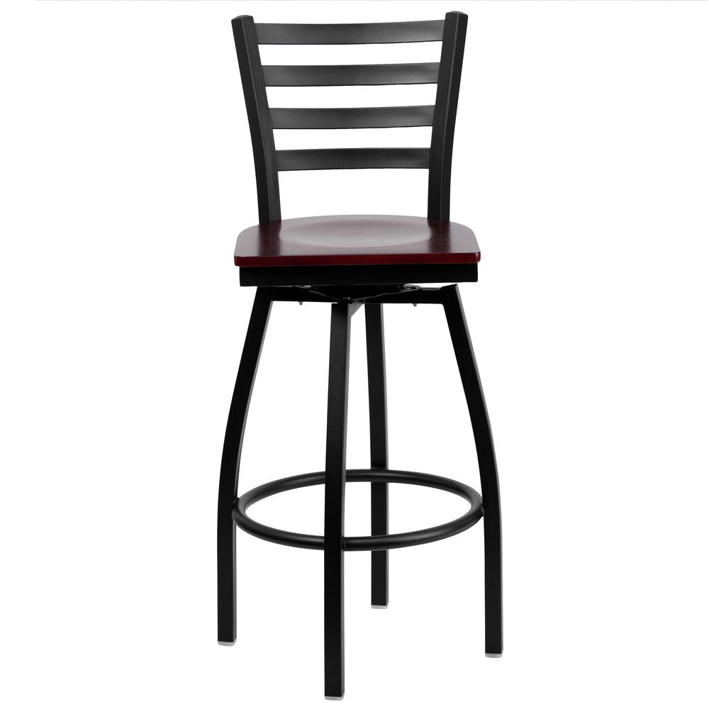 Hercules Series Black Ladder Back Swivel Metal Barstool - Mahogany Wood Seat By Flash Furniture | Bar Stools | Modishstore - 4