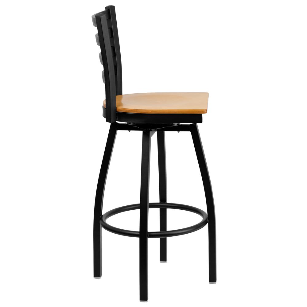 Hercules Series Black Ladder Back Swivel Metal Barstool - Natural Wood Seat By Flash Furniture | Bar Stools | Modishstore - 2