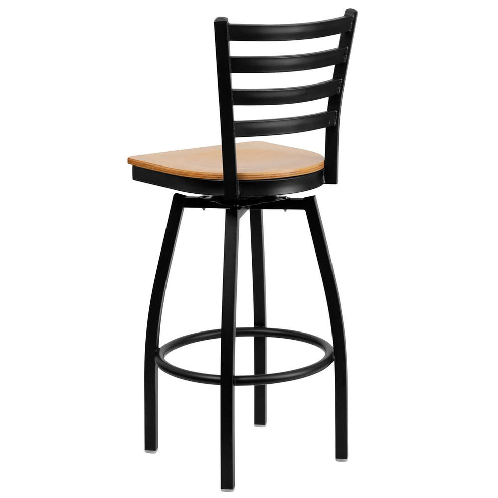 Hercules Series Black Ladder Back Swivel Metal Barstool - Natural Wood Seat By Flash Furniture | Bar Stools | Modishstore - 3