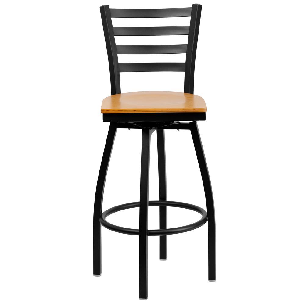 Hercules Series Black Ladder Back Swivel Metal Barstool - Natural Wood Seat By Flash Furniture | Bar Stools | Modishstore - 4