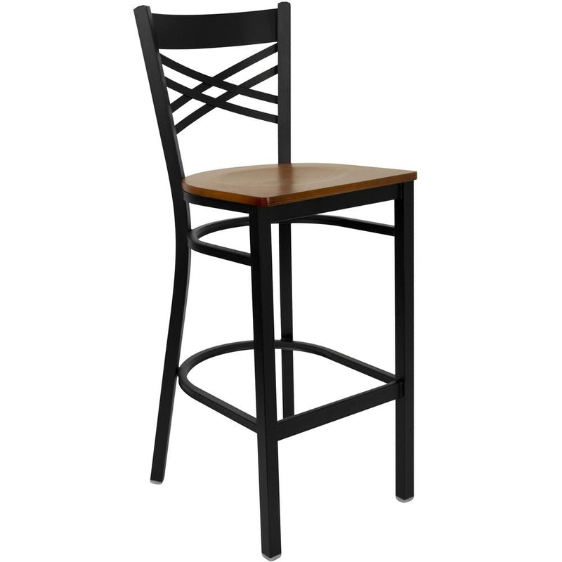 Hercules Series Black ''X'' Back Metal Restaurant Barstool - Cherry Wood Seat By Flash Furniture | Bar Stools | Modishstore - 1