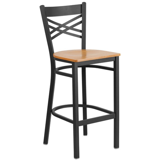 Hercules Series Black ''X'' Back Metal Restaurant Barstool - Natural Wood Seat By Flash Furniture | Bar Stools | Modishstore - 1