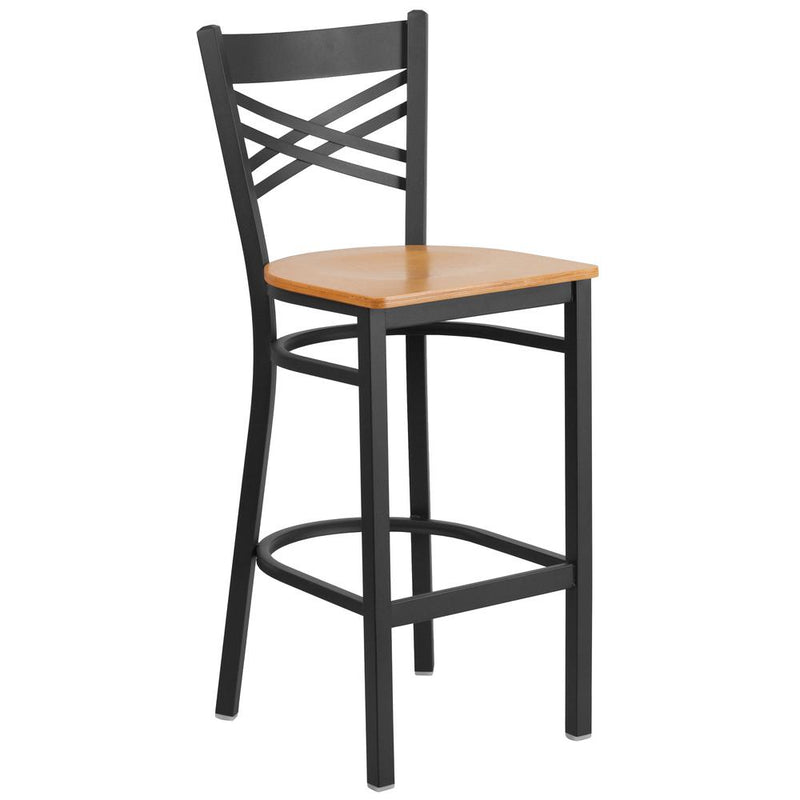 Hercules Series Black ''X'' Back Metal Restaurant Barstool - Natural Wood Seat By Flash Furniture | Bar Stools | Modishstore - 1