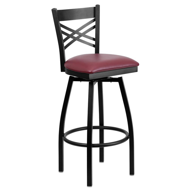 Hercules Series Black ''X'' Back Swivel Metal Barstool - Burgundy Vinyl Seat By Flash Furniture | Bar Stools | Modishstore - 1
