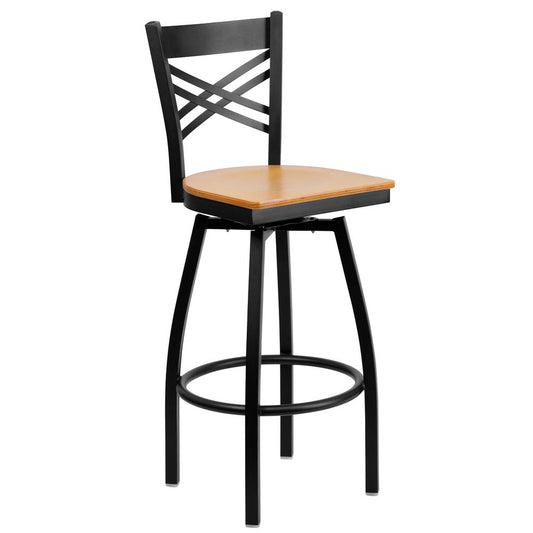 Hercules Series Black ''X'' Back Swivel Metal Barstool - Natural Wood Seat By Flash Furniture | Bar Stools | Modishstore - 1