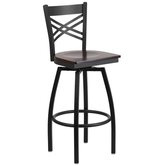 Hercules Series Black ''X'' Back Swivel Metal Barstool - Walnut Wood Seat By Flash Furniture | Bar Stools | Modishstore - 1