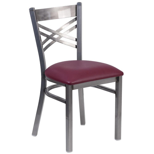 Hercules Series Clear Coated ''X'' Back Metal Restaurant Chair - Burgundy Vinyl Seat By Flash Furniture | Side Chairs | Modishstore - 1