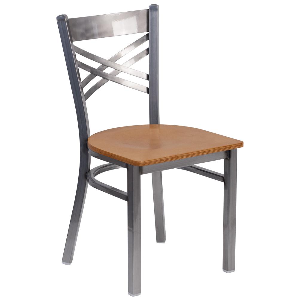 Hercules Series Clear Coated ''X'' Back Metal Restaurant Chair - Natural Wood Seat By Flash Furniture | Side Chairs | Modishstore - 1