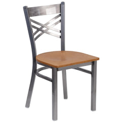 Hercules Series Clear Coated ''X'' Back Metal Restaurant Chair - Natural Wood Seat By Flash Furniture