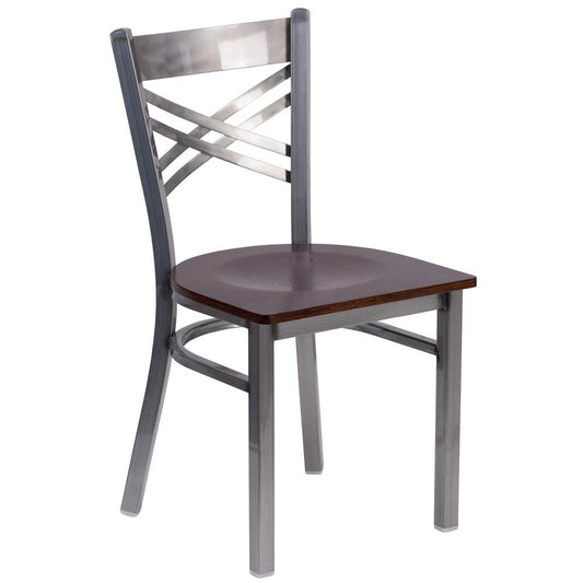 Hercules Series Clear Coated ''X'' Back Metal Restaurant Chair - Walnut Wood Seat By Flash Furniture | Side Chairs | Modishstore