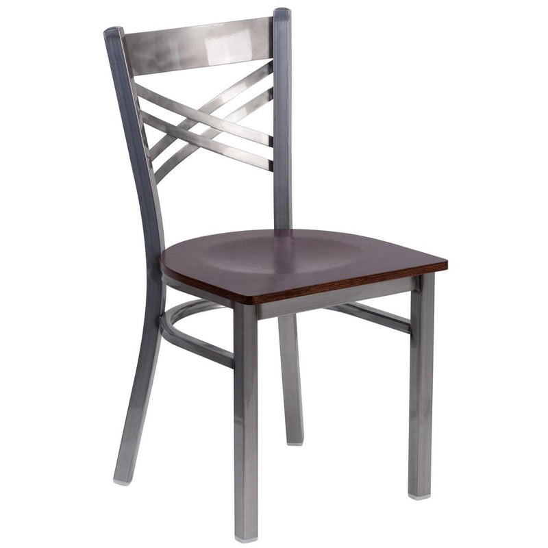 Hercules Series Clear Coated ''X'' Back Metal Restaurant Chair - Walnut Wood Seat By Flash Furniture | Side Chairs | Modishstore - 1