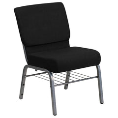Hercules Series 21''W Church Chair In Black Fabric With Book Rack - Silver Vein Frame By Flash Furniture