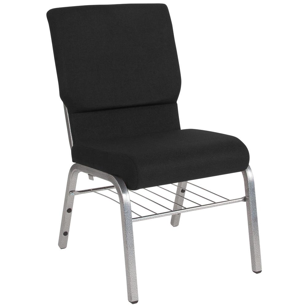 Hercules Series 18.5''W Church Chair In Black Fabric With Book Rack - Silver Vein Frame By Flash Furniture | Side Chairs | Modishstore - 1