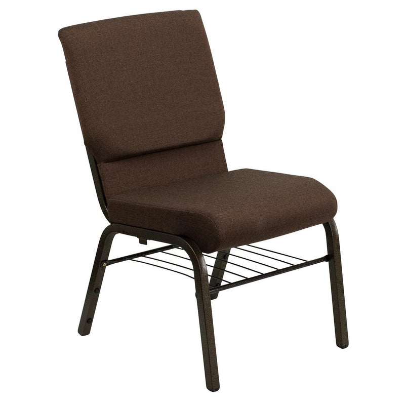 Hercules Series 18.5''W Church Chair In Brown Fabric With Book Rack - Gold Vein Frame By Flash Furniture | Side Chairs | Modishstore - 1
