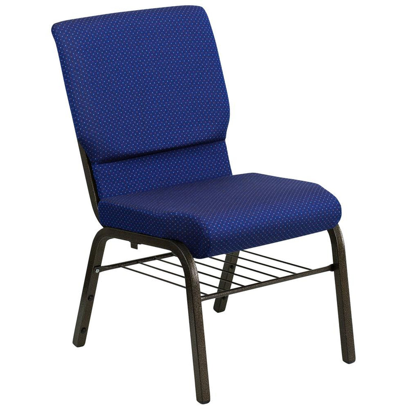 Hercules Series 18.5''W Church Chair In Navy Blue Patterned Fabric With Book Rack - Gold Vein Frame By Flash Furniture | Side Chairs | Modishstore - 1