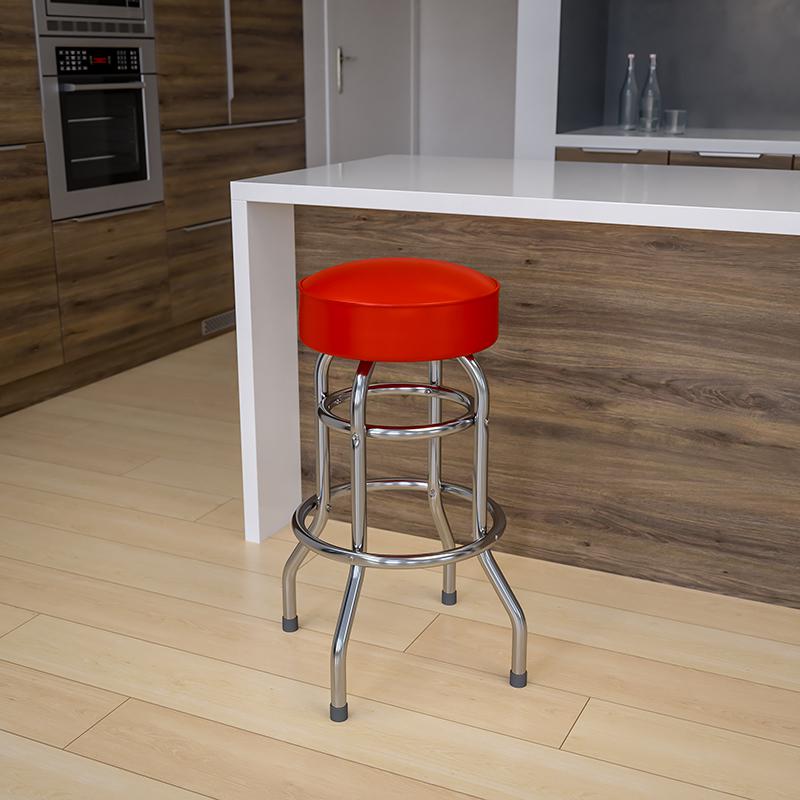 Double Ring Chrome Barstool With Red Seat By Flash Furniture | Bar Stools | Modishstore
