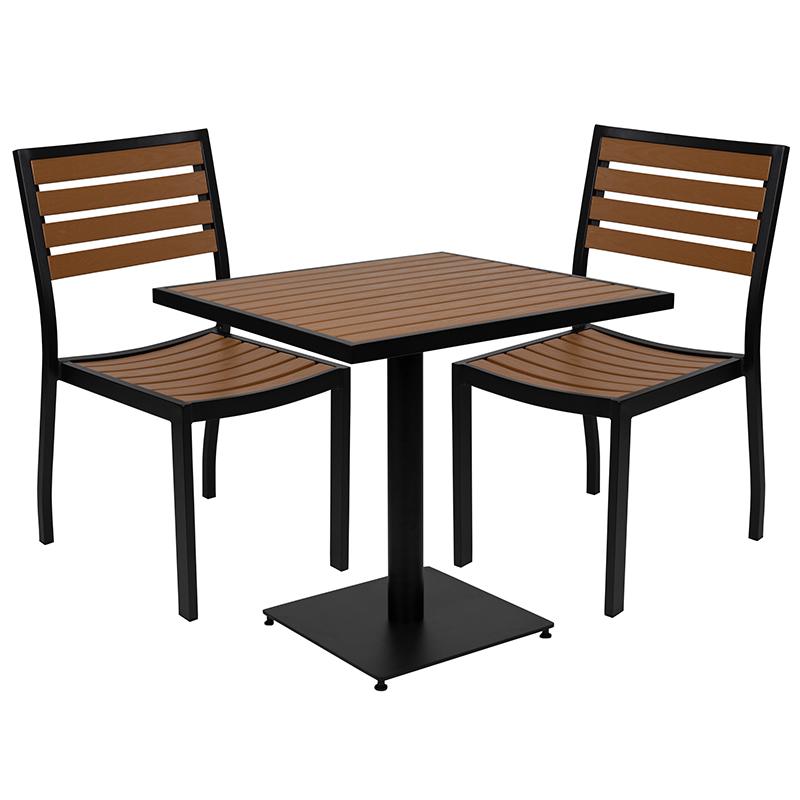 Outdoor Patio Bistro Dining Table Set With 2 Chairs And Faux Teak Poly Slats By Flash Furniture | Outdoor Dining Sets | Modishstore - 2