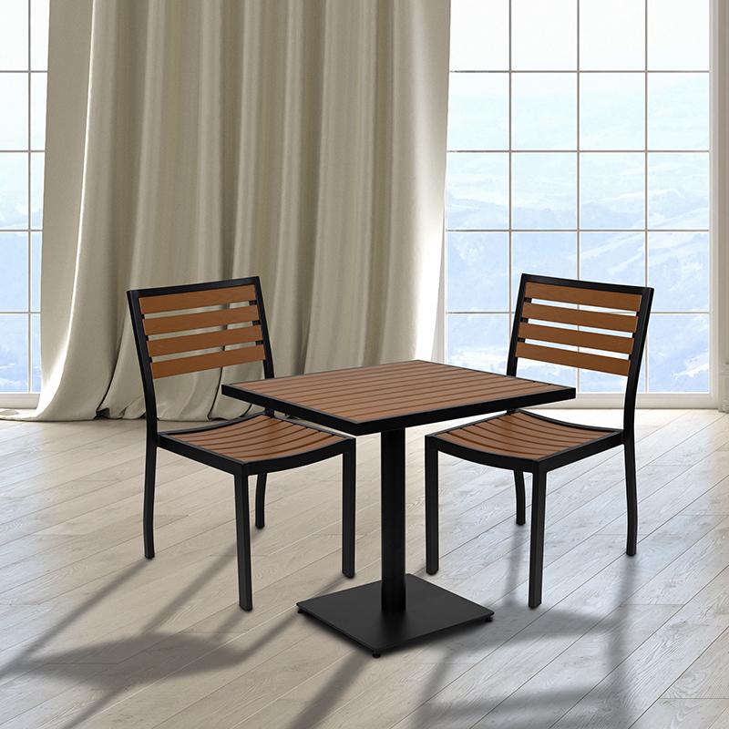 Outdoor Patio Bistro Dining Table Set With 2 Chairs And Faux Teak Poly Slats By Flash Furniture | Outdoor Dining Sets | Modishstore