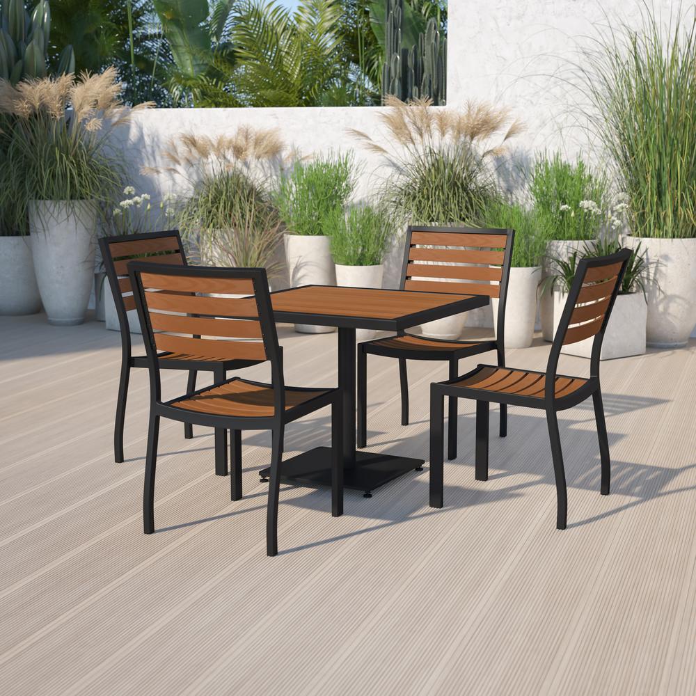 Outdoor Patio Bistro Dining Table Set With 4 Chairs And Faux Teak Poly Slats By Flash Furniture | Outdoor Dining Sets | Modishstore