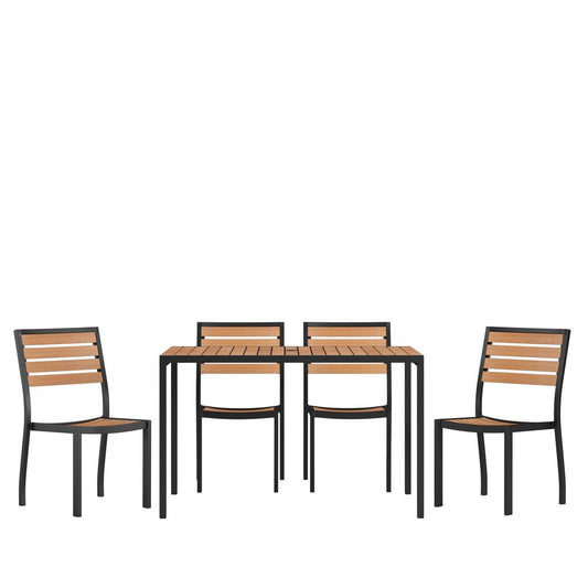 5 Piece Patio Table Set - Synthetic Teak Poly Slats - 30" X 48" Steel Framed Table With 4 Stackable Faux Teak Chairs By Flash Furniture | Outdoor Dining Sets | Modishstore
